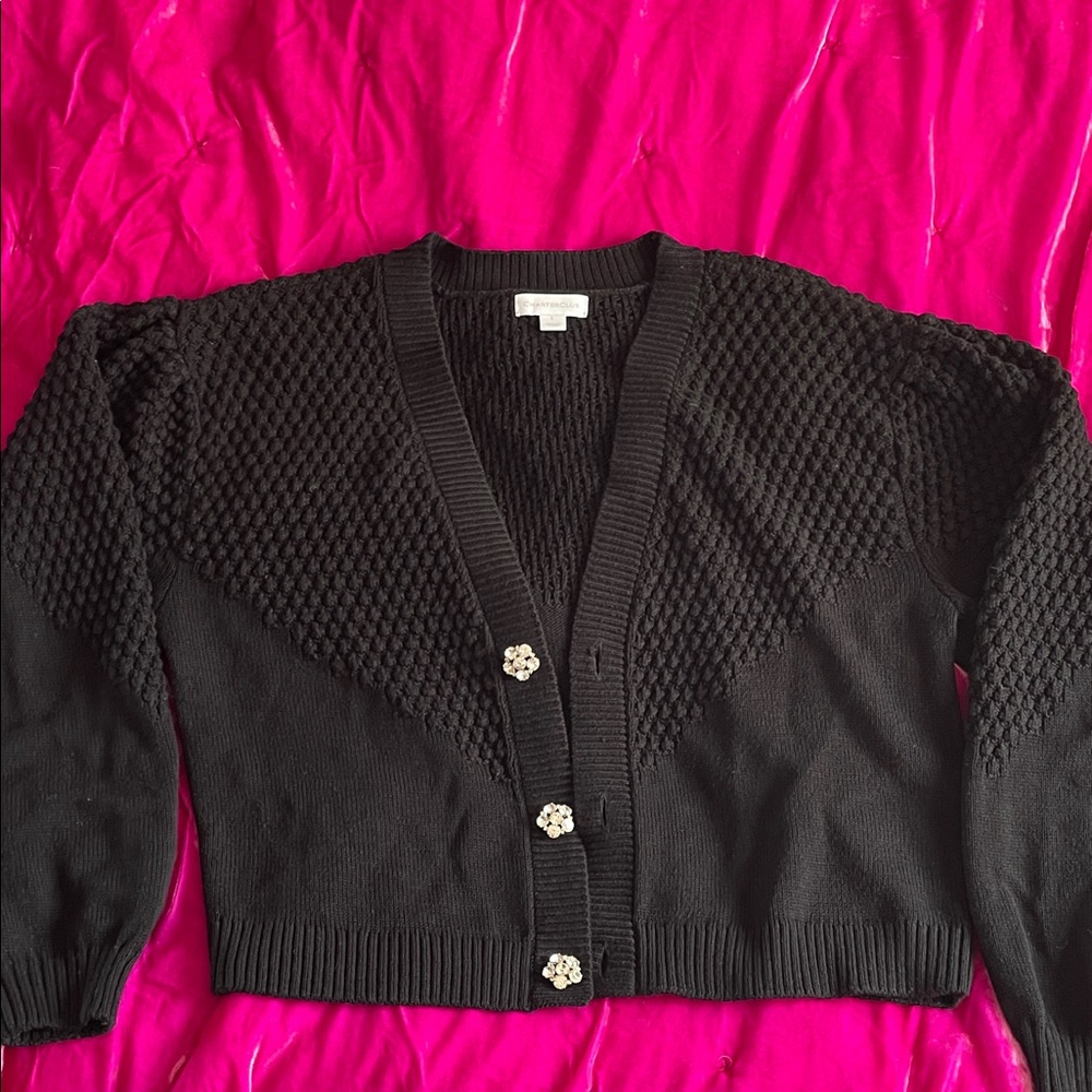 Charter Club Black Textured Knit Cardigan with Floral Buttons